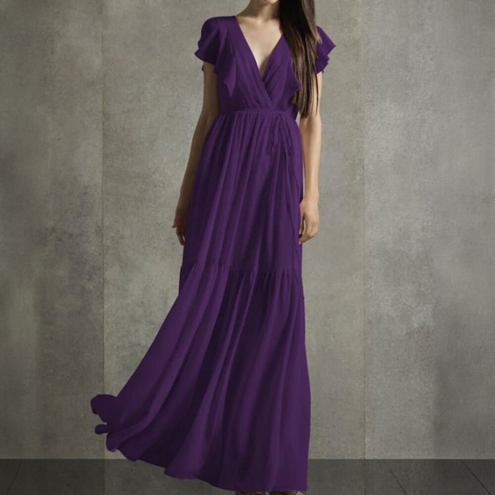 White by Vera Wang Purple Chiffon V-Neck Flutter Sleeve Wedding Guest Dress